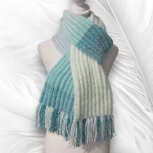 Soft Ribbed Knit Scarf in Mint and Teal Color Block with Fringe